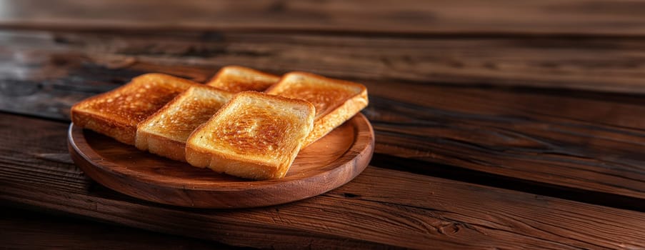 toasted bread sitting on top of a wooden plate in shinning sun background..