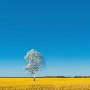 A solitary birch tree stands tall in a bright yellow field under a clear blue sky, symbolizing simplicity and serenity.