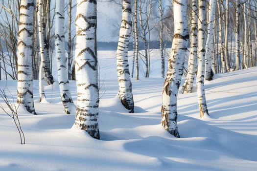 A serene winter landscape featuring birch trees casting long shadows on fresh, untouched snow under a clear sky.