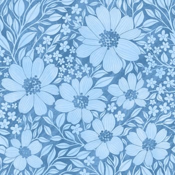 Floral Seamless Pattern of Blue Grey Flowers and Leaves with Texture, Great for Textiles, Surfaces, Wallpapers, Wrapping Papers, Fabrics, Prints, Package Design, Fashion, Beauty Products