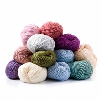 Yarn balls for knitting and crochet isolated on white background, cotton wool clews and skeins as natural organic material for knitwear, diy handmade fashion, post-processed, generative ai