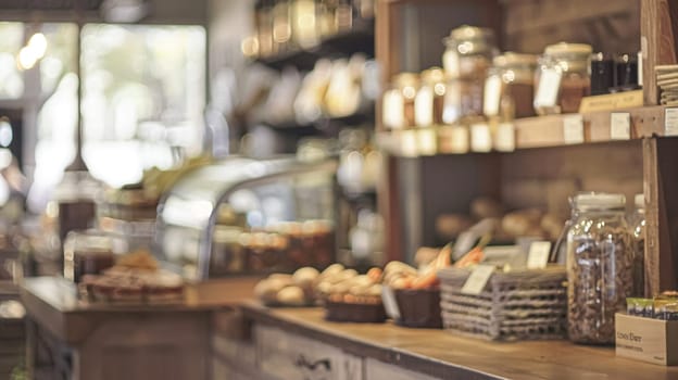 Details and products on shelves in the English counryside farm shop, small business, country style design