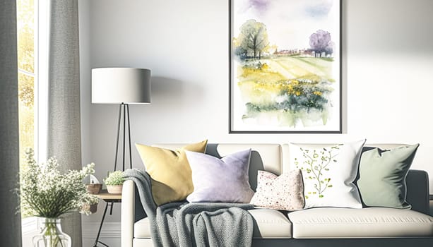 Beautifully framed watercolour painting of the English countryside nature, interior design and home decor idea