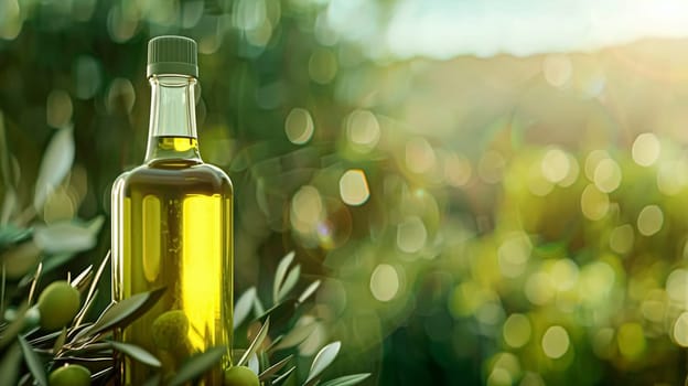 Olive oil bottle ad background with copyspace, vegetable oil commercial produce, food industry and retail concept