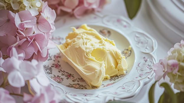 Creamy homemade butter in bowl, traditional food and country life
