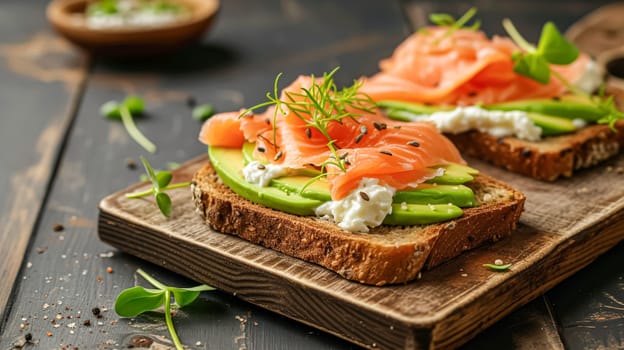 Avocado toast with smoked salmon for breakfast, homemade cuisine and traditional food, country life