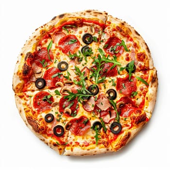 Pizza isolated on white background, online delivery from pizzeria, take away and fast food concept