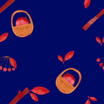 Seamless pattern with autumn leaves, berries, twigs and baskets on a blue background. Pattern for wrapping paper, home and seasonal textiles, curtains, tablecloths, kitchen and nursery decoration