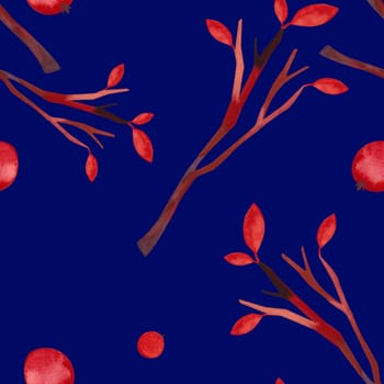 Seamless pattern with autumn leaves, berries, twigs and baskets on a blue background. Pattern for wrapping paper, home and seasonal textiles, curtains, tablecloths, kitchen and nursery decoration