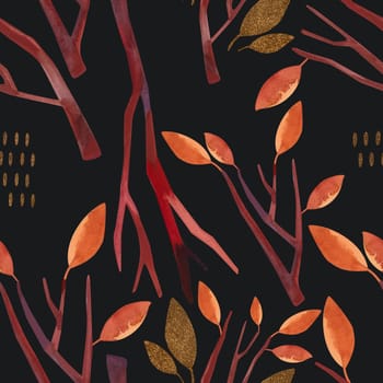 Seamless pattern with autumn leaves, berries, twigs and baskets on a black background. Pattern for wrapping paper, home and seasonal textiles, curtains, tablecloths, kitchen and nursery decoration