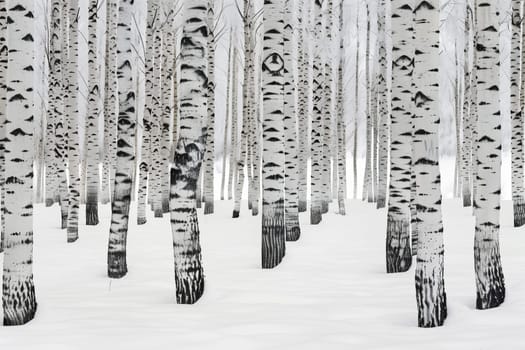 Step into a serene winter landscape featuring a dense grove of slender birch trees. Their white bark, marked with black patterns, stands in stark contrast to the pristine snow blanketing the ground. The uniform trunks create a rhythmic pattern, evoking a sense of calm and tranquility. This image captures the quiet beauty of nature in winter, highlighting the elegance of birch trees against a snowy backdrop.