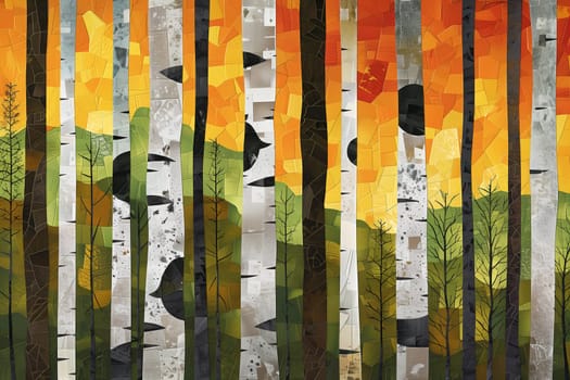 Colorful mosaic artwork depicting birch trees in an abstract autumn forest scene.