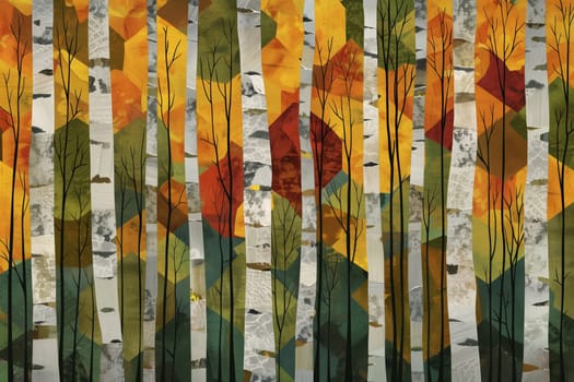 Colorful mosaic artwork depicting birch trees in an abstract autumn forest scene.