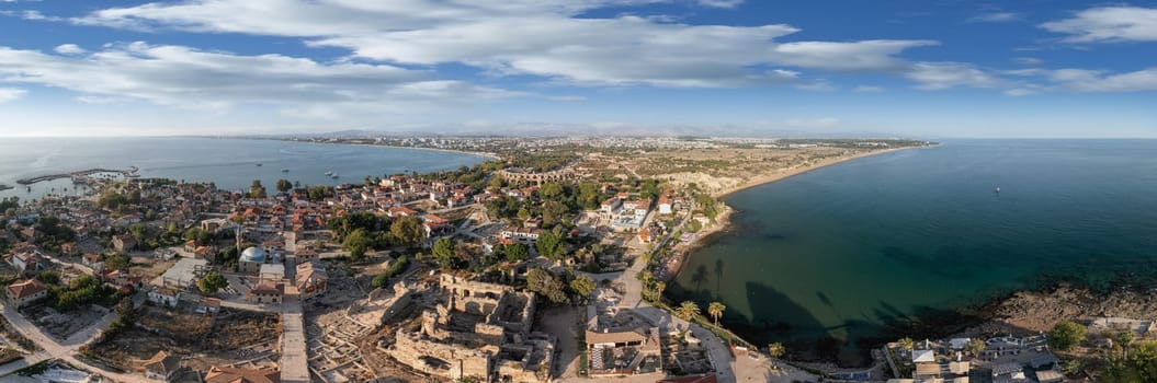 Aerial top drone view of ancient Side town, Antalya Province in Turkey.