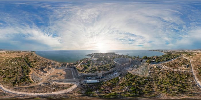 Aerial top drone view of ancient Side town, Antalya Province in Turkey.