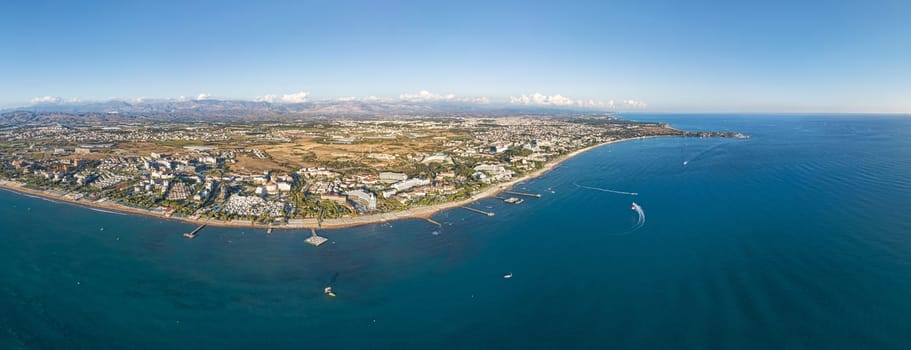 Aerial shot of Side, Turkey from a birds eye view at sunset in the afternoon