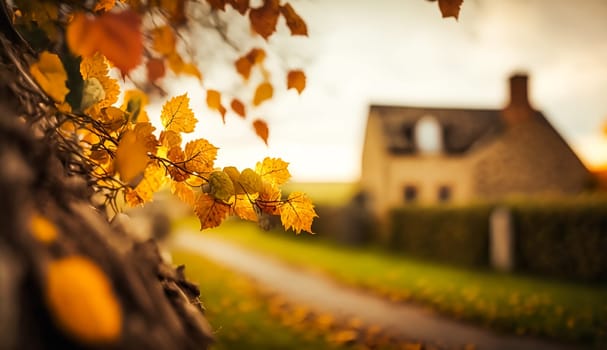Abstract autumn scene and English country style house village on background, beautiful countryside nature with autumnal leaves and bokeh, post-processed, generative ai