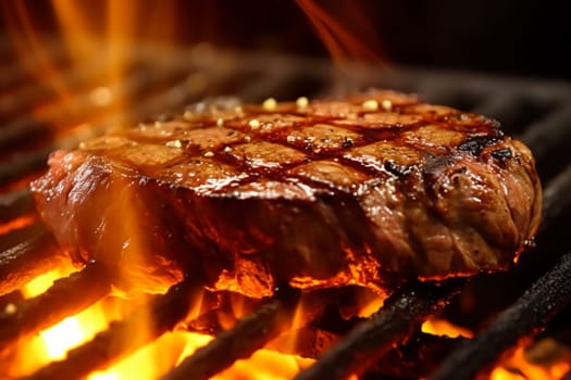 Meat beef steak grilled on fire, food bbq and hot grill, post-processed, generative ai