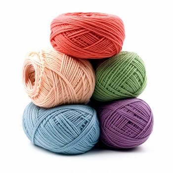 Yarn balls for knitting and crochet isolated on white background, cotton wool clews and skeins as natural organic material for knitwear, diy handmade fashion, post-processed, generative ai