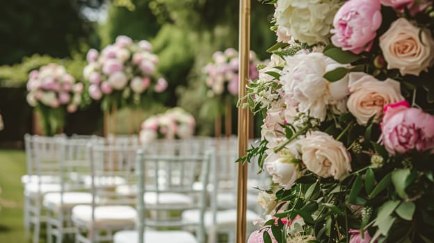 Wedding decoration with peonies, floral decor and event celebration, peony flowers and wedding ceremony in the garden, English country style