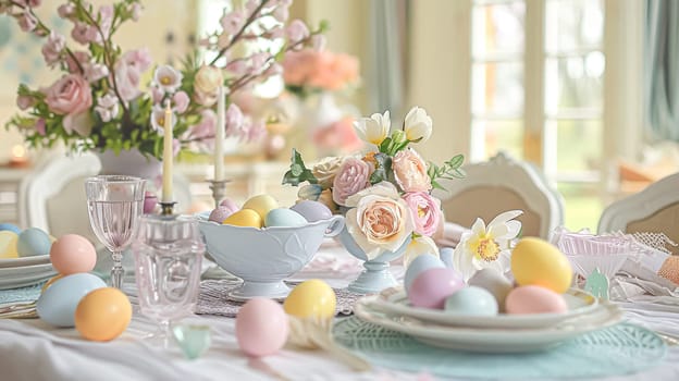 Easter tablescape decoration, floral holiday table decor for family celebration, spring flowers, Easter eggs, Easter bunny and vintage dinnerware, English country and home styling