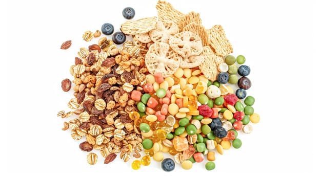 Assortment of cereal, grains, muesli or oats for healthy breakfast, organic farm market product isolated on white background