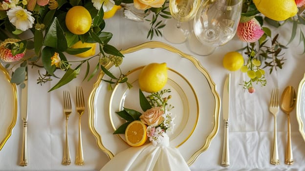 Table decor with fruits in citrus garden, holiday tablescape and dinner table setting, formal event decoration for wedding, family celebration, English country and home styling