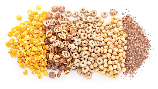 Assortment of cereal, grains, muesli or oats for healthy breakfast, organic farm market product isolated on white background