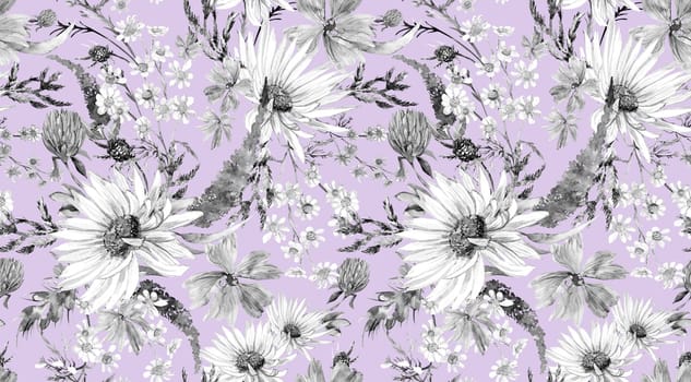 Seamless monochrome watercolor pattern with daisies and wildflowers drawn in watercolor