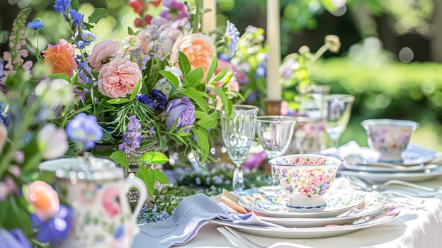Easter tablescape decoration, floral holiday table decor for family celebration, spring flowers, Easter eggs, Easter bunny and vintage dinnerware, English country and home styling