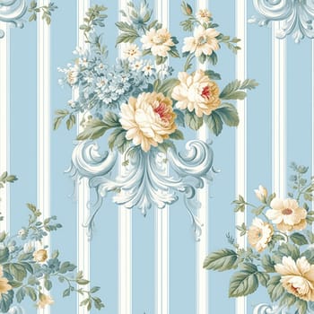 Seamless pattern, tileable English country style blue striped floral print for wallpaper, wrapping paper, scrapbook, fabric and product design idea