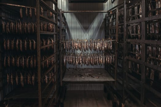 Smoked fish production concept: smoked fish in smokehouse box.