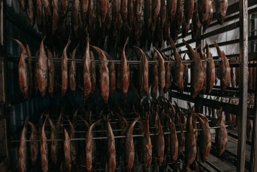 Smoked fish production concept: smoked fish in smokehouse box.