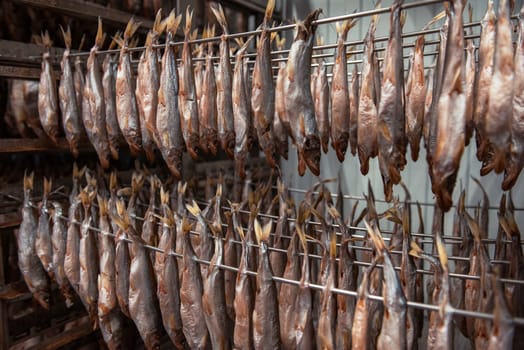 Smoked fish production concept: smoked fish in smokehouse box.