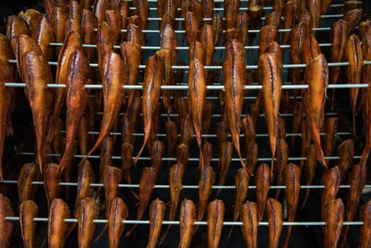Smoked fish production concept: smoking sea bass fish in smokehouse box.
