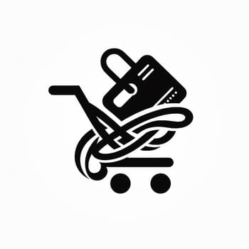 Black shopping logo on white background. High quality photo.The logo depicts a shopping cart, a credit card and a bag