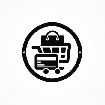 Black shopping logo on white background. High quality photo.The logo depicts a shopping cart, a credit card and a bag