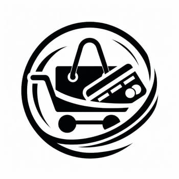 Black shopping logo on white background. High quality photo.The logo depicts a shopping cart, a credit card and a bag