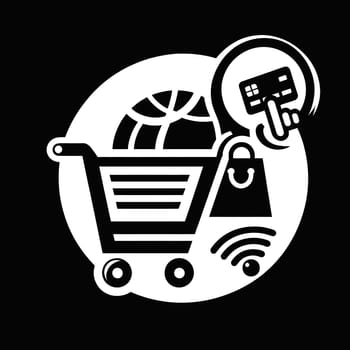 White shopping logo on black background. High quality photo.The logo depicts a shopping cart, a credit card and a bag