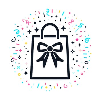 Logo of a black bag on a background of colored confetti. Logo on a white background. High quality photo