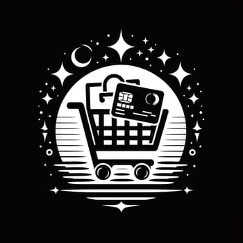 White shopping logo on black background. High quality photo.The logo depicts a shopping cart, a credit card and a bag