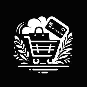 White shopping logo on black background. High quality photo.The logo depicts a shopping cart, a credit card and a bag