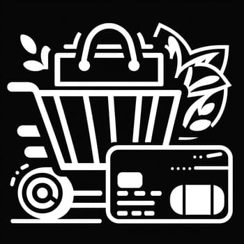 White shopping logo on black background. High quality photo.The logo depicts a shopping cart, a credit card and a bag