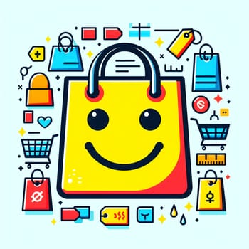 Color Shopping Theme Logo. High quality photo. A shopping bag with a smiley face. Behind is a rainbow and a lot of purchases with credit cards