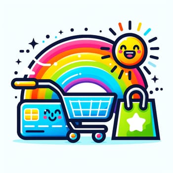 Colourful shopping logo on white background. High quality photo.The logo depicts a shopping cart, a credit card and a bag