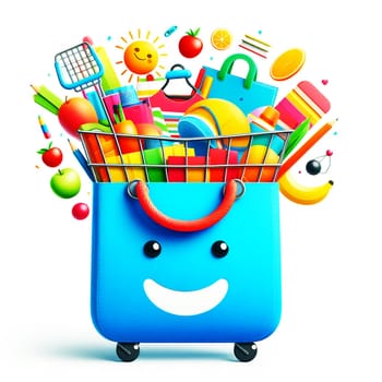 Color Shopping Theme Logo. High quality photo. A shopping bag with a smiley face. Behind is a rainbow and a lot of purchases with credit cards