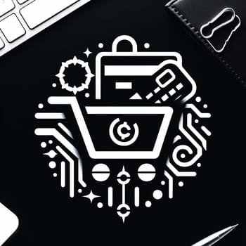 White shopping logo on black background. High quality photo.The logo depicts a shopping cart, a credit card and a bag