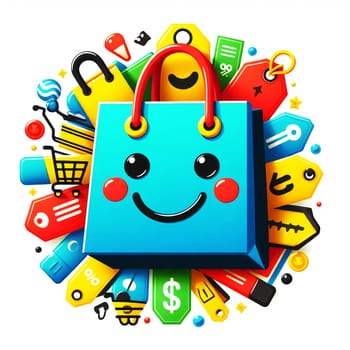 Color Shopping Theme Logo. High quality photo. A shopping bag with a smiley face. Behind is a rainbow and a lot of purchases with credit cards