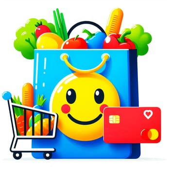 Color Shopping Theme Logo. High quality photo. A shopping bag with a smiley face. Behind is a rainbow and a lot of purchases with credit cards