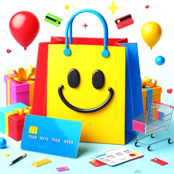 Color Shopping Theme Logo. High quality photo. A shopping bag with a smiley face. Behind is a rainbow and a lot of purchases with credit cards